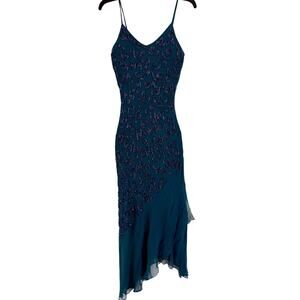 Vintage Cache Slip Dress sz 2 Teal Beaded Silk Cocktail Asymmetrical Whimsigoth